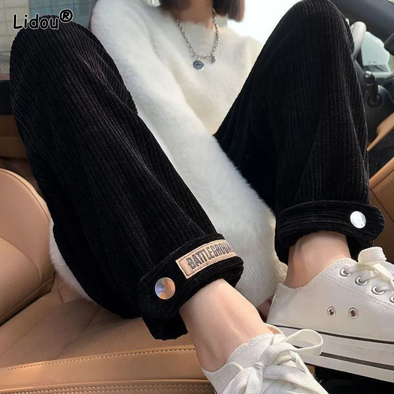 Corduroy Black Preppy Style Ankle-length Harem Pants Autumn Winter Cartoon Labeling Decorate Elastic Waist Metal Button Loose