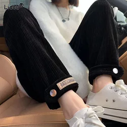 Corduroy Black Preppy Style Ankle-length Harem Pants Autumn Winter Cartoon Labeling Decorate Elastic Waist Metal Button Loose