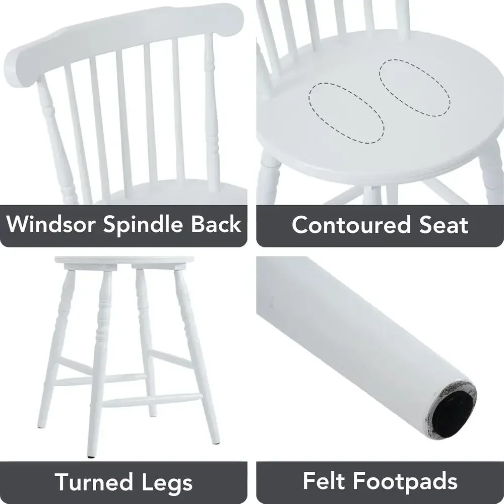 Set of 3 White Wooden Counter Height Bar Stools with Spindle Back and Turned Legs, Rustic Vintage Colonial Style for Kitchen Isl - view 3
