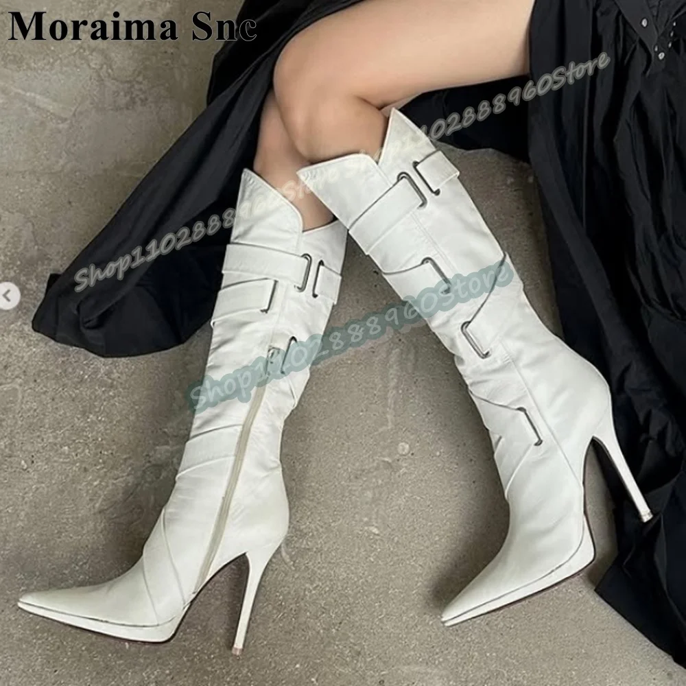 

Knee High White Leather Belt Beveled Pointy Boots Thin High Heel Shoes For Women Side Zipper Pointed Toe Casual Stylish Boots