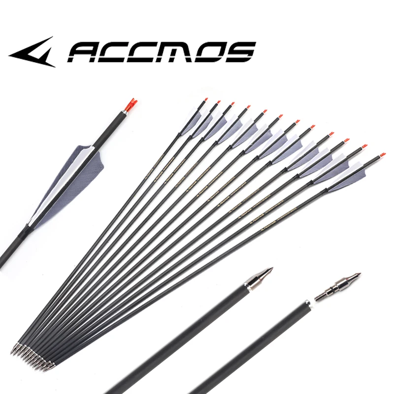 Imagem -03 - Arco e Flecha Accmos Puro Carbono Seta para Composto Bow Hunting Id6.2 Spine 350 500 600 700 800 12 Pcs