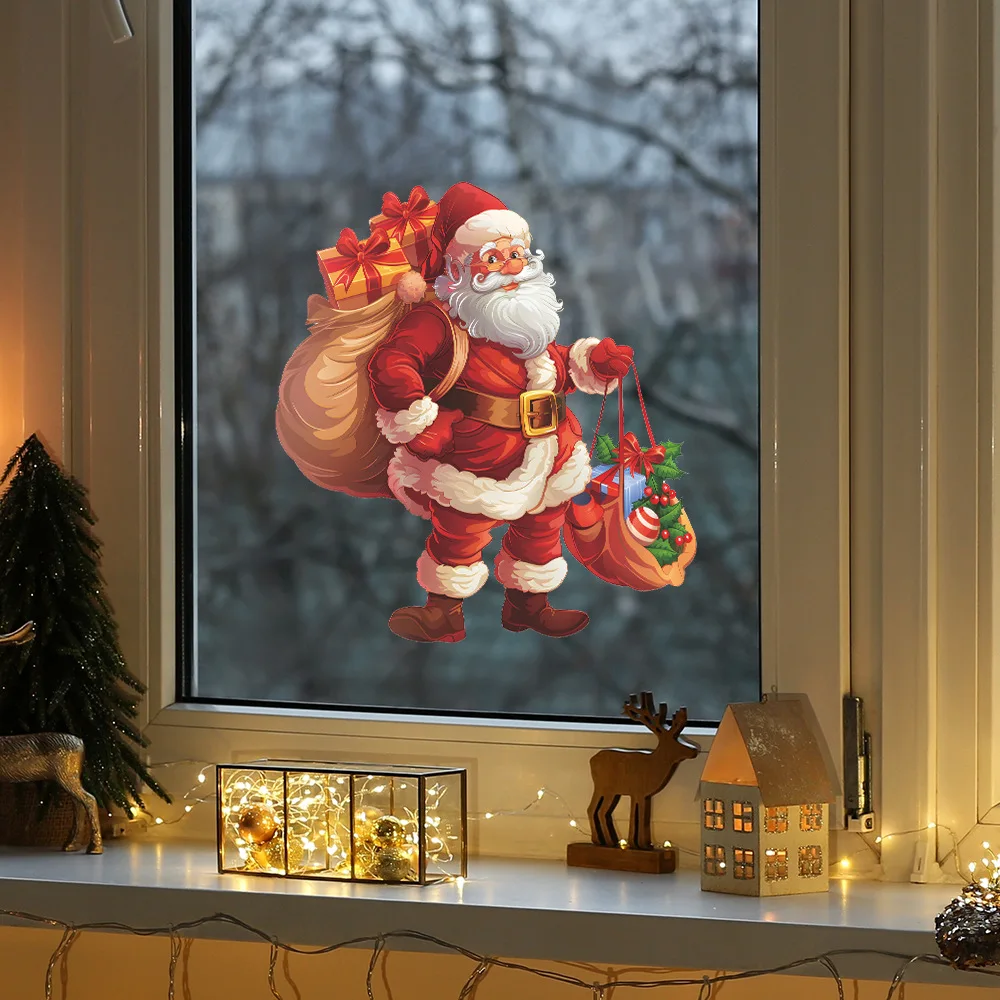 Christmas Decorations Cartoon Santa Claus Gift Glass Window Sticker Reusable Static Stickers Merry Christmas New Year Decor