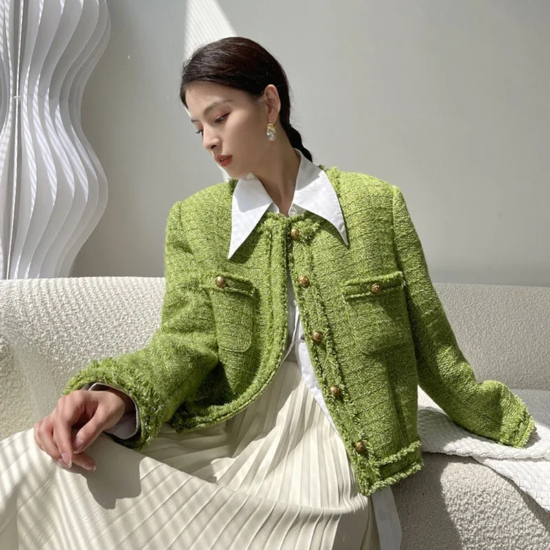 

Tweed Jackets Women 2023 Spring Short Coat French Fashion High Quality Button Up Long Sleeve Elegant Vintage Clothes Top Outwear