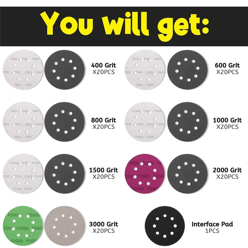 

A25F-140Pcs 5 Inch Wet Dry Sanding Discs, Hook And Loop Sandpaper 8 Holes Orbital Sandpaper For Orbital Sander