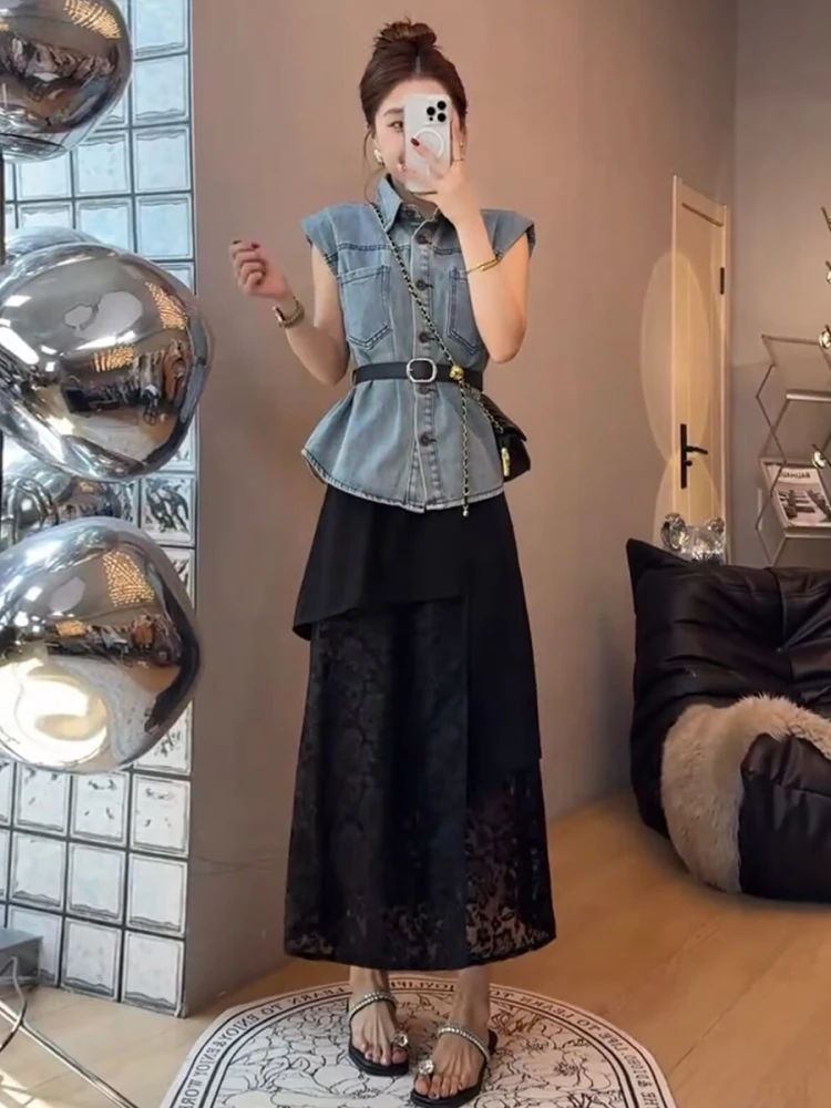 

Women's Svel irt Jaet Summer Thin Small Size Faionable Slimming Waist Belted Denim Vest Trendy Collar Cotton...