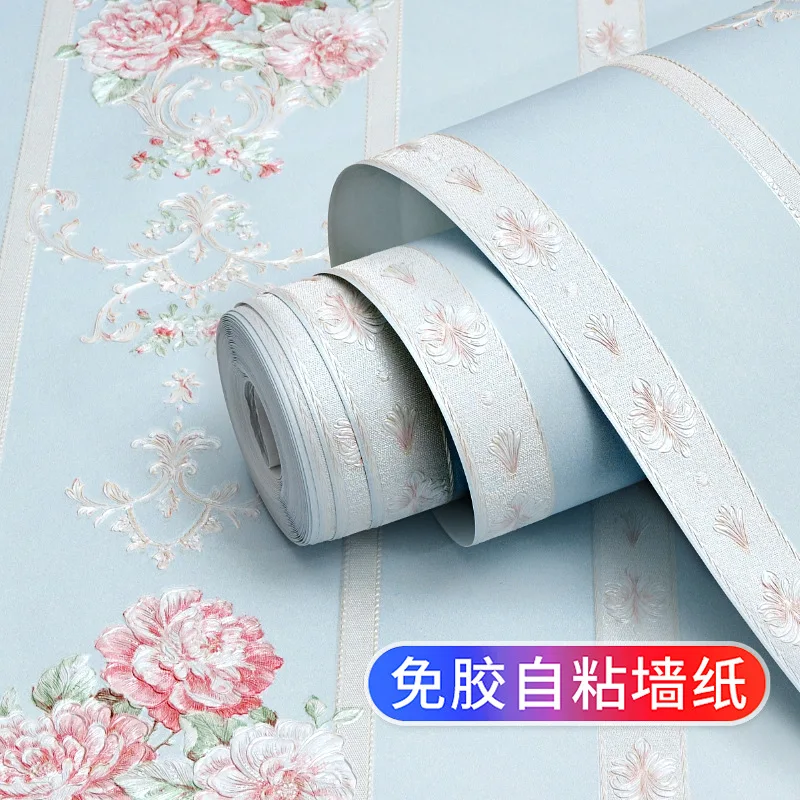 

Luxury Blue Damask 3D Embossed Self-Adhesive Wallpaper Non Woven Wall Paper Roll Bedroom Living Room Wall Cover Pink White