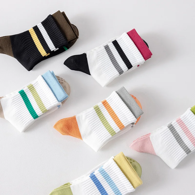 3 Pair Women's Pure Cotton Yoga Socks Striped Mid-Barrel Cotton Non-Slip Indoor Fitness Pilates Women's Boneless Sports Socks