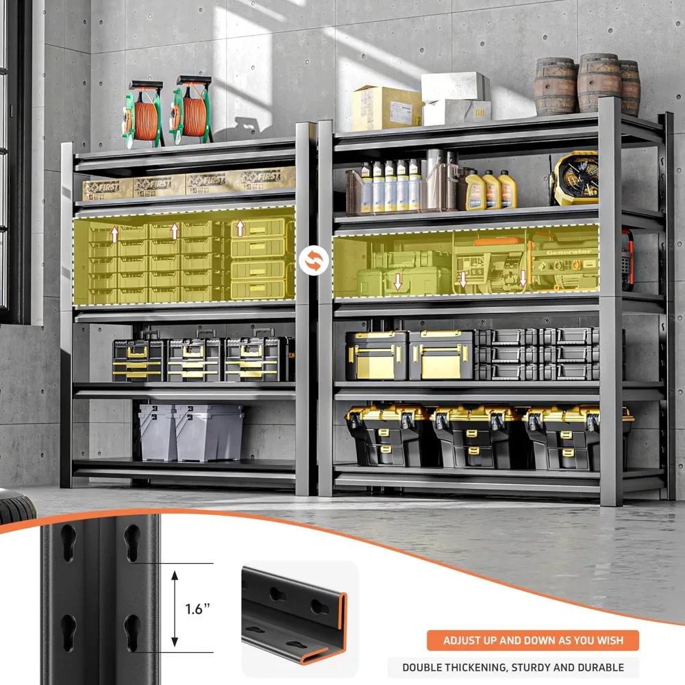 رف جراج مقاس 72 بوصة Hx48 Wx24 D مكون من 5 طبقات، سعة 3000 رطل، أرفف تخزين شديدة التحمل، سهلة التجميع قابلة للتعديل من المعدن المقاوم للصدأ