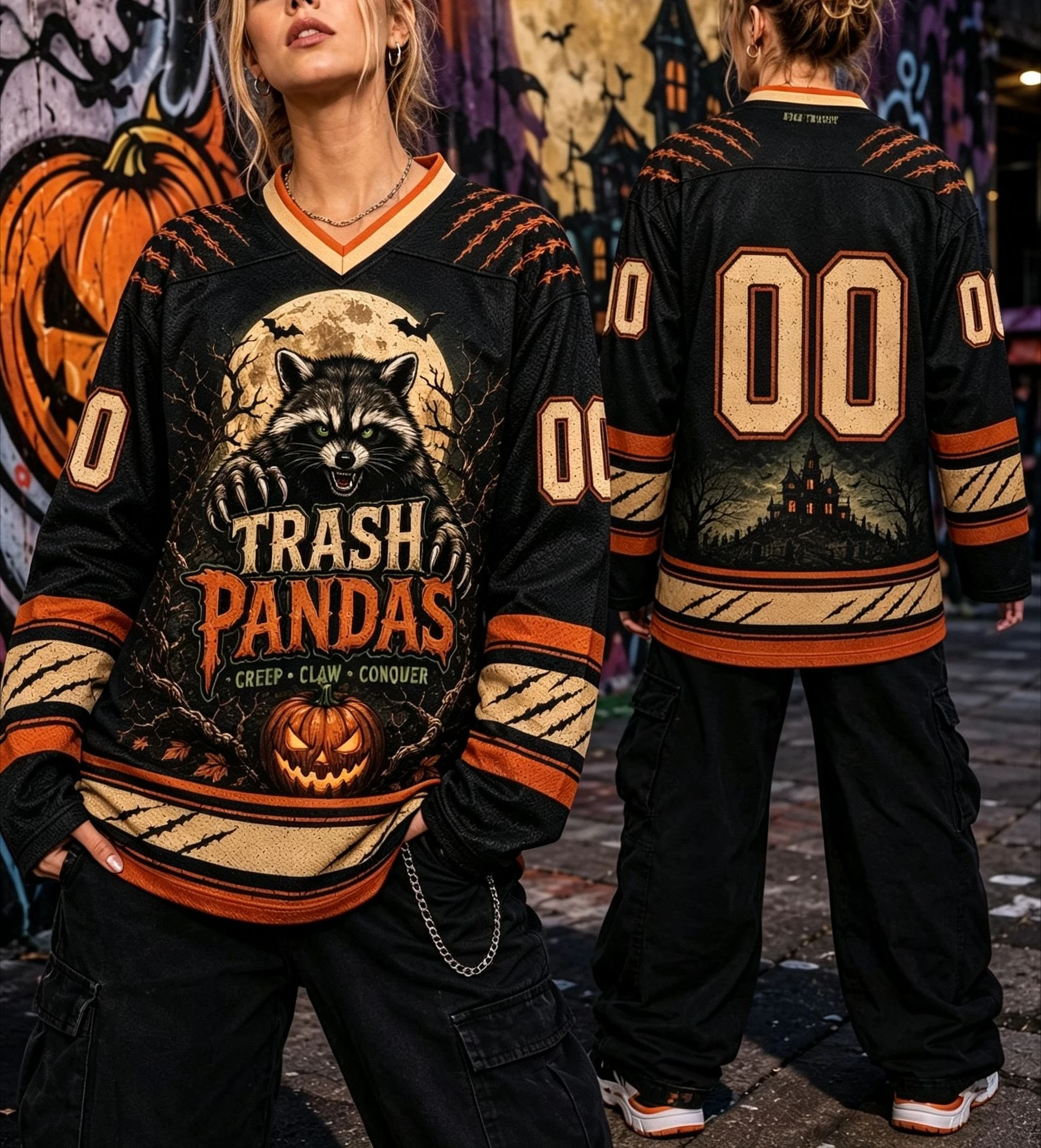 Funny Halloween Raccoon Graphic Hockey Jersey 3D Print Oversized Long Sleeve Retro Festival Streetwear Tops Family Matching