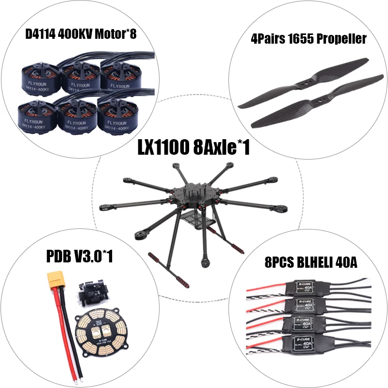 Rctosky LX1100 Full Carbon Fiber 1100Mm Octa-Rotor Frame Blheli 40A Esc D4114 Motor 2.4.8 M8N Flight Comtrol Set Ardupilot