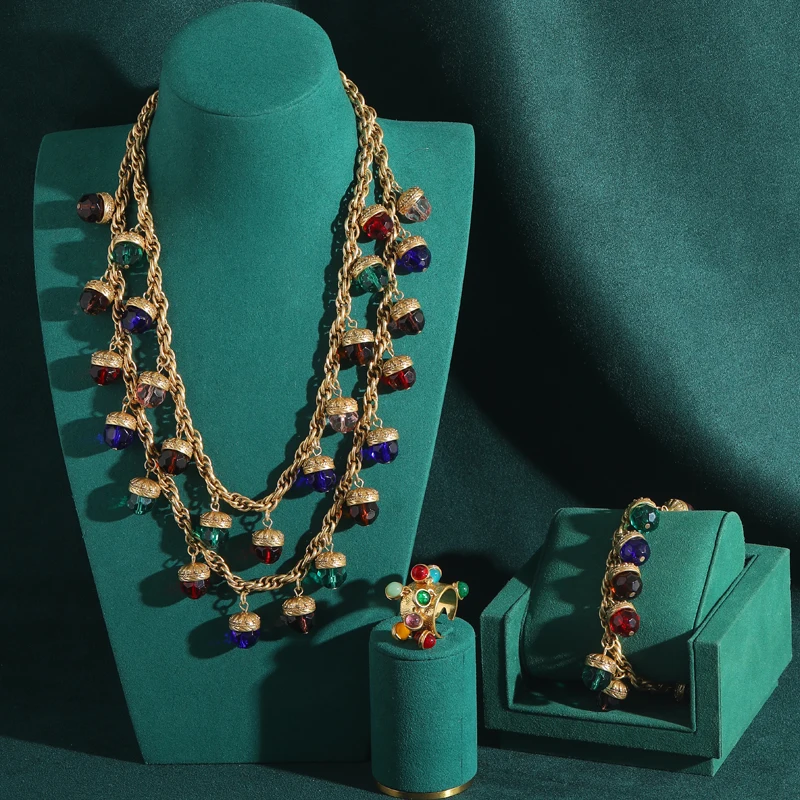 Charms Colorful Glass Ball With Pendants Layered Necklaces Vintage For Woman Luxury Long Gold Color Chain Girls New Trending