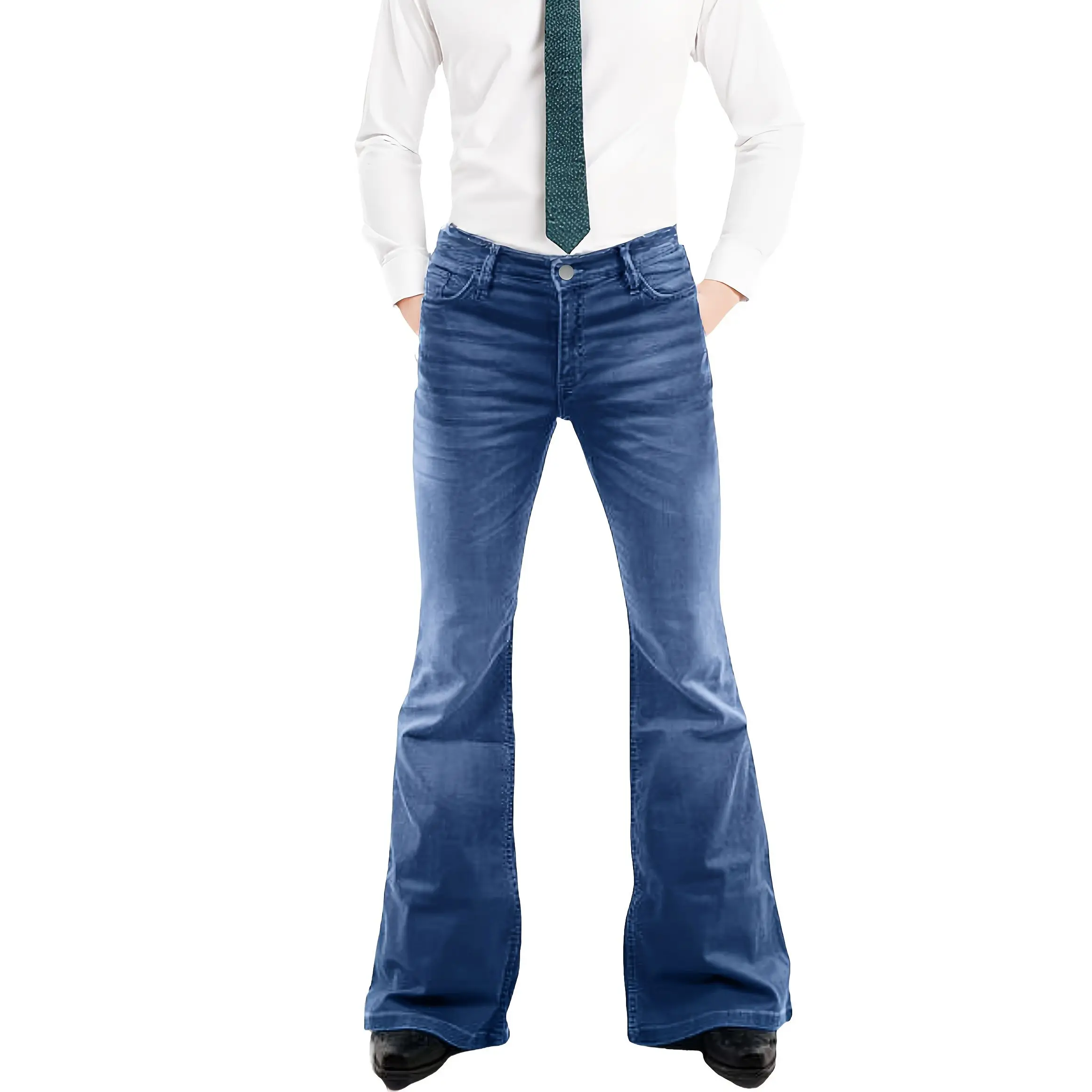 Europese en Amerikaanse trompetdiscobroek voor heren, modetrend, blauwe jeans, retro elegante micro-elastische herenbroek met wijde pijpen