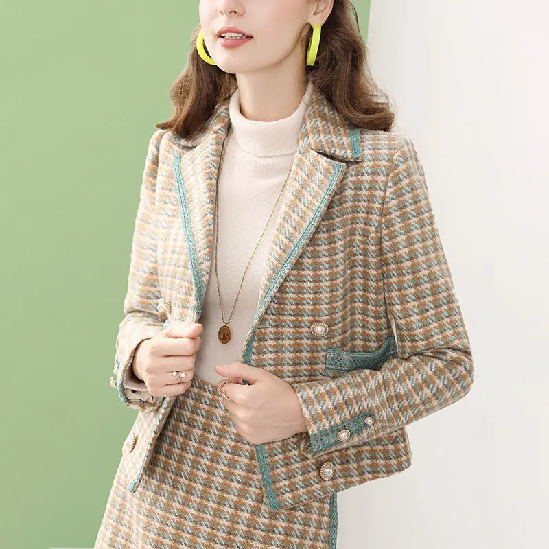 Blazer de mezcla de lana para mujer, conjunto de vestido de dos piezas, chaqueta delgada elegante coreana para mujer, trajes de falda, ropa elegante, otoño