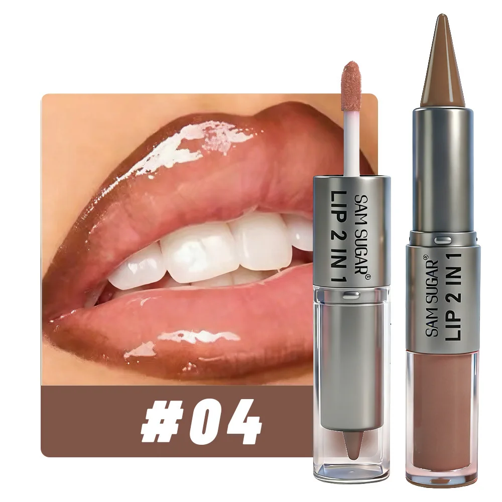 2 in 1 Lip Liner & Lip Gloss, Dual Ended Hydrating Non Stick Lipstick, Matte Velvet Outline Crayon with Shiny Plumping Lip Glaze
