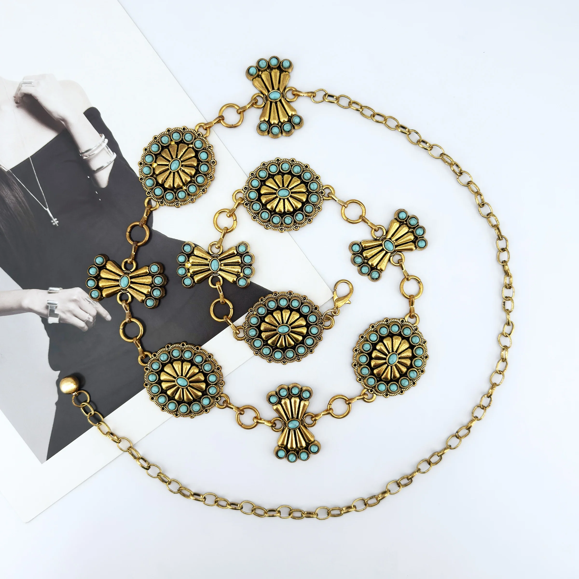 1PC Bohemian Women's Waist Chain Embedded Turquoise Luxury Fashion INS Small Fragrance Style Clothing Accessories