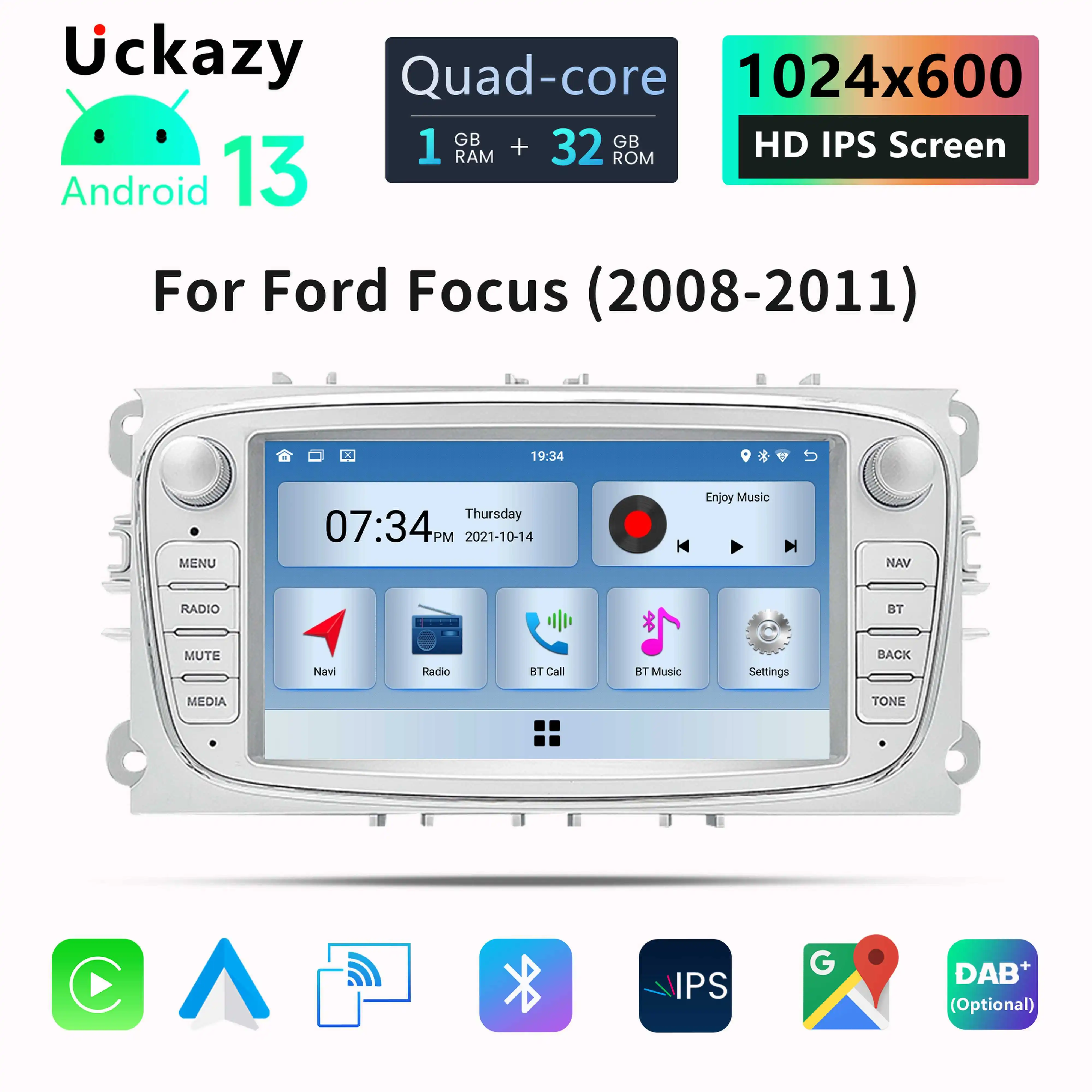 Uckazy 2 din Android 13 Car Radio For Ford Focus 2 3 4 mk2 Kuga Mondeo Fiesta Transit Connect S-C MAX Multimedia Stereo HeadUnit