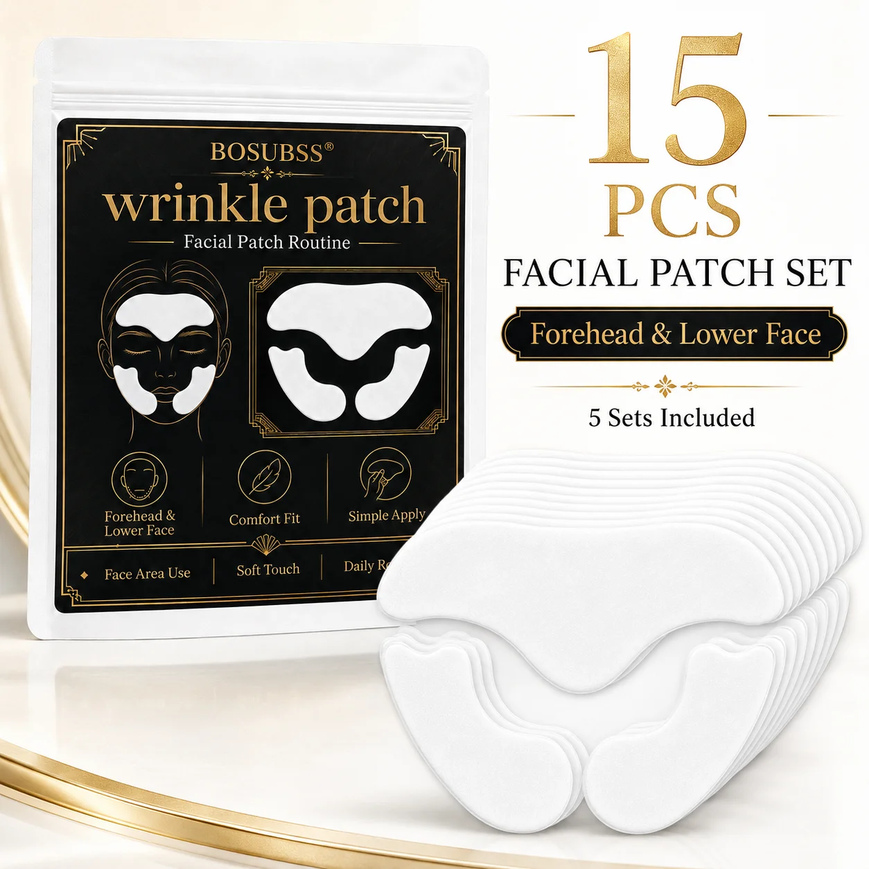 15PCS Facial Patch Set, 5 Sets Soft Cheek & Forehead Patches, Comfortable Fit for Daily Face Care & Night Routine