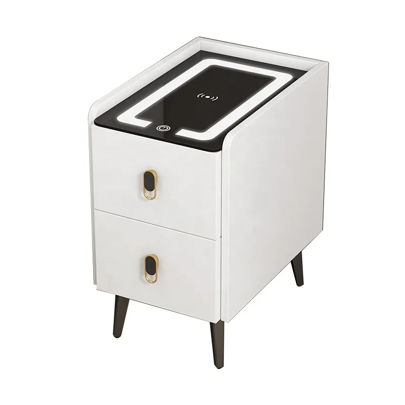 Home Bedroom Furniture Simple Modern Style Storage Wireless Charging Nightstand Panel Mdf Smart Wooden Small Bedside Table