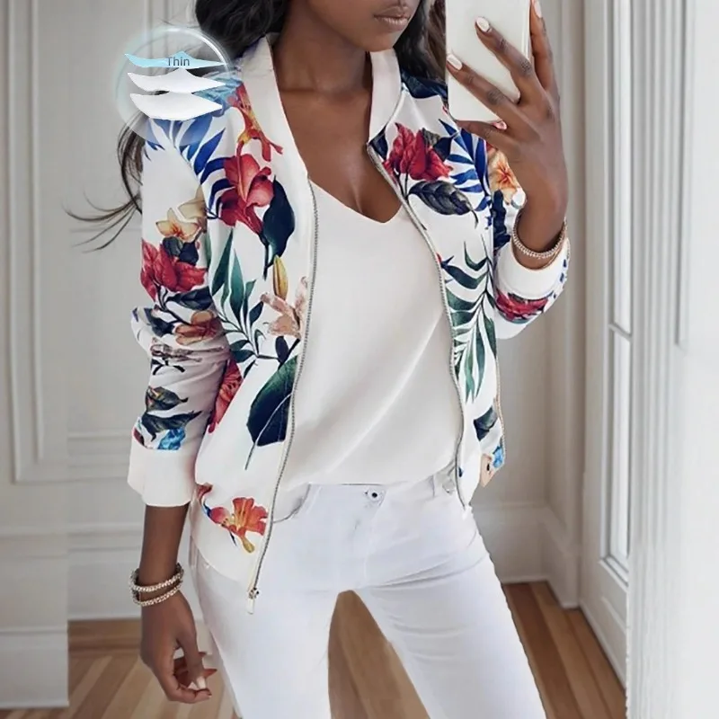 White O-neck Print Jackets Slim Long Lantern Sleeves Zippers Short Coats Casual Street Stylish New Ladies Outerwears Fashionable
