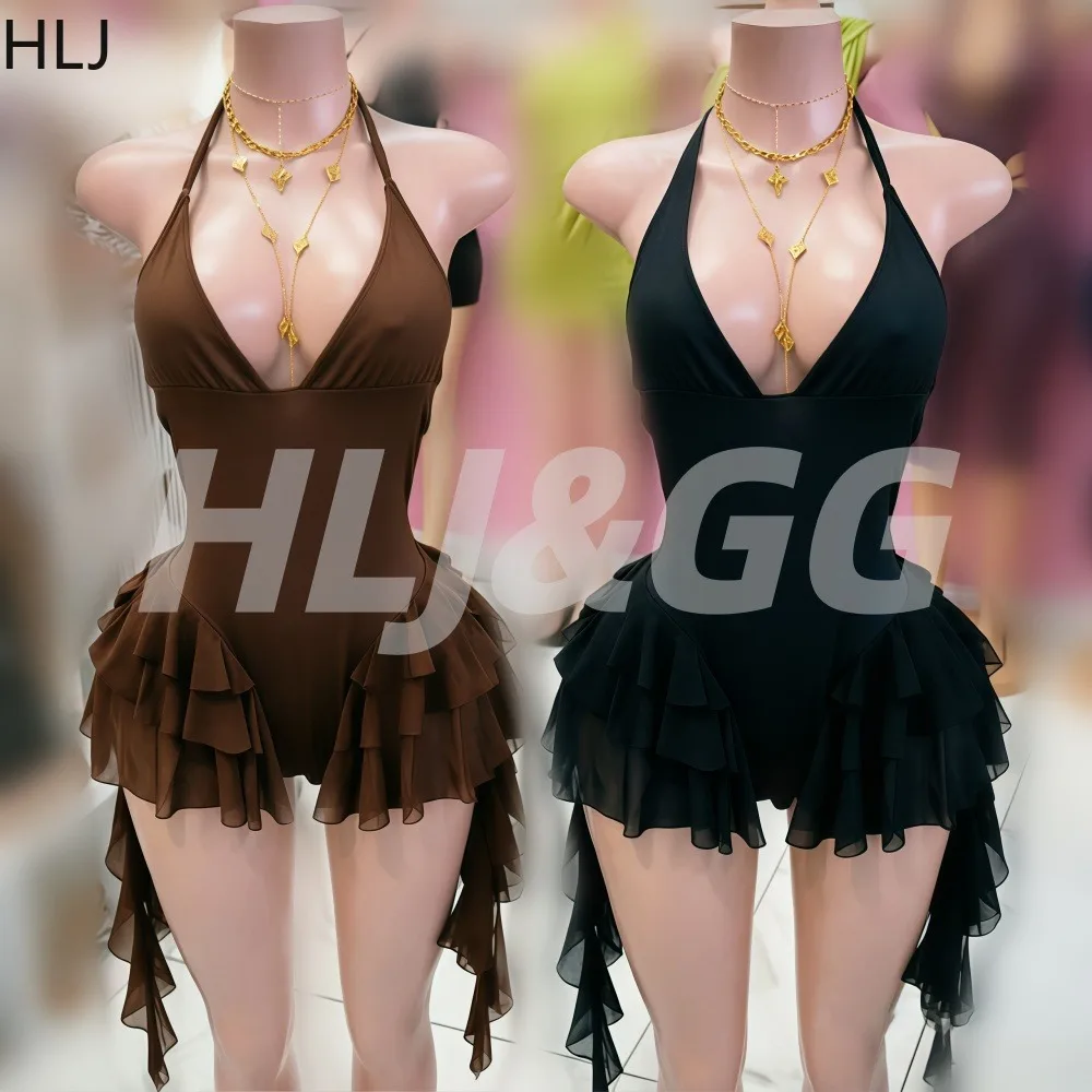 

HLJ Sexy Mesh Solid Color Bodycon Rompers Women Halter Deep V Ruched Patchwork One Piece Bodysuit Jumpsuits Night Out Clubwear