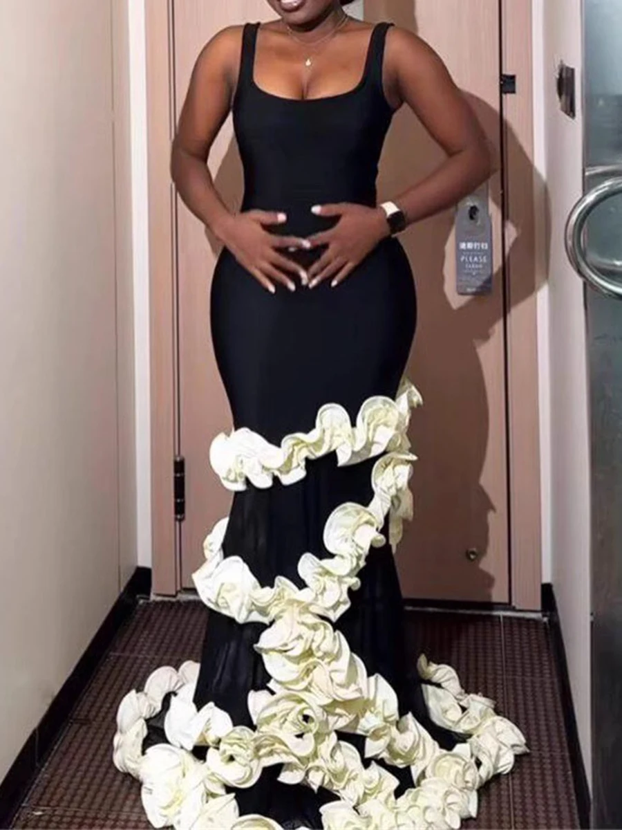 Ziml hit cor emagrecimento emendado babados sheer vestidos sexy para mulheres em torno do pescoço sem mangas elegante vestido longo moda feminina nova