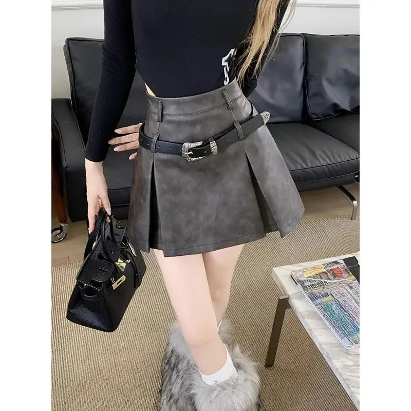 

Women's Pu Leather Skirt Autumn 2025 New High Waist and Thin Design A-shaped Hip Skirt with Belt