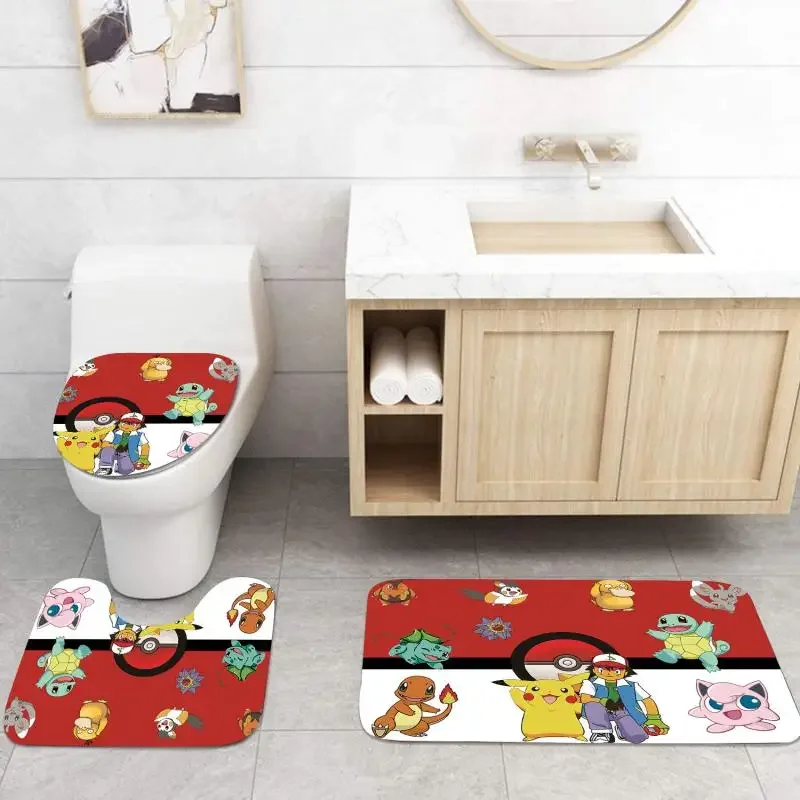 Kawaii Pokemon Shower Curtain Four-Piece Set Pikachu Anime Toilet Mat Floor Mat Shower Curtain Four-Piece Set Cute Gift