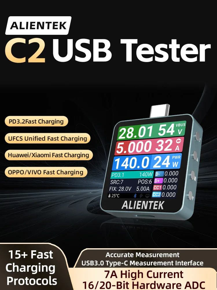ALIENTEK USB Tester C2 Cyfrowy Woltomierz Detektor Mocy Ładowania PD3.2 Tester Baterii Wykrywanie Szybkiego Ładowania Trigger — zdjęcie 2