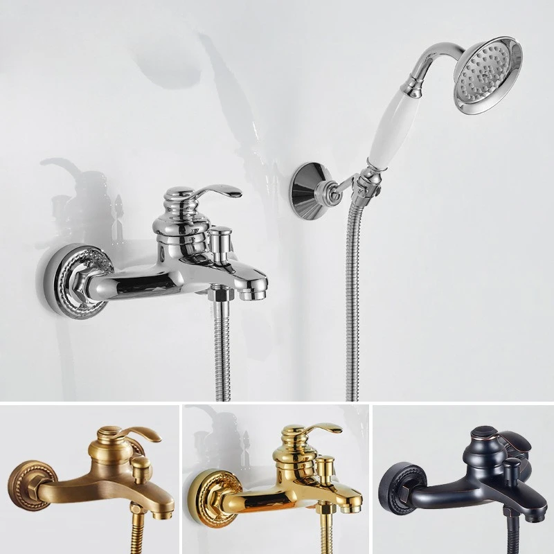 

French Brass Simple Shower Set Roof Spray Handheld Shower Head Household Wall Bath Faucet