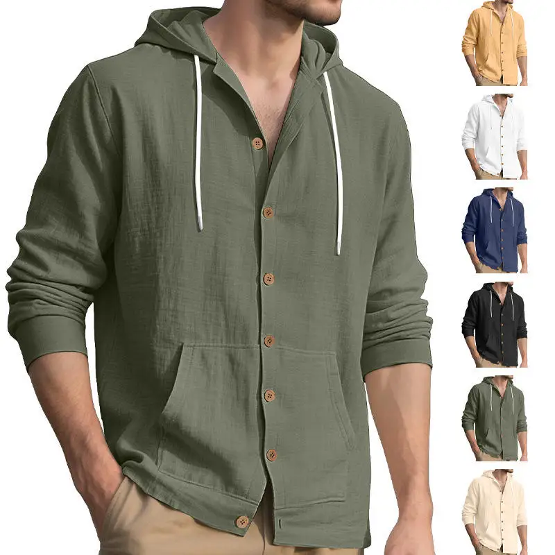 

Faionable Color Men's Cotton Linen Long Sve Button up Hooded Cardigan Jaet Casual Spor Autumn Wear for Youth