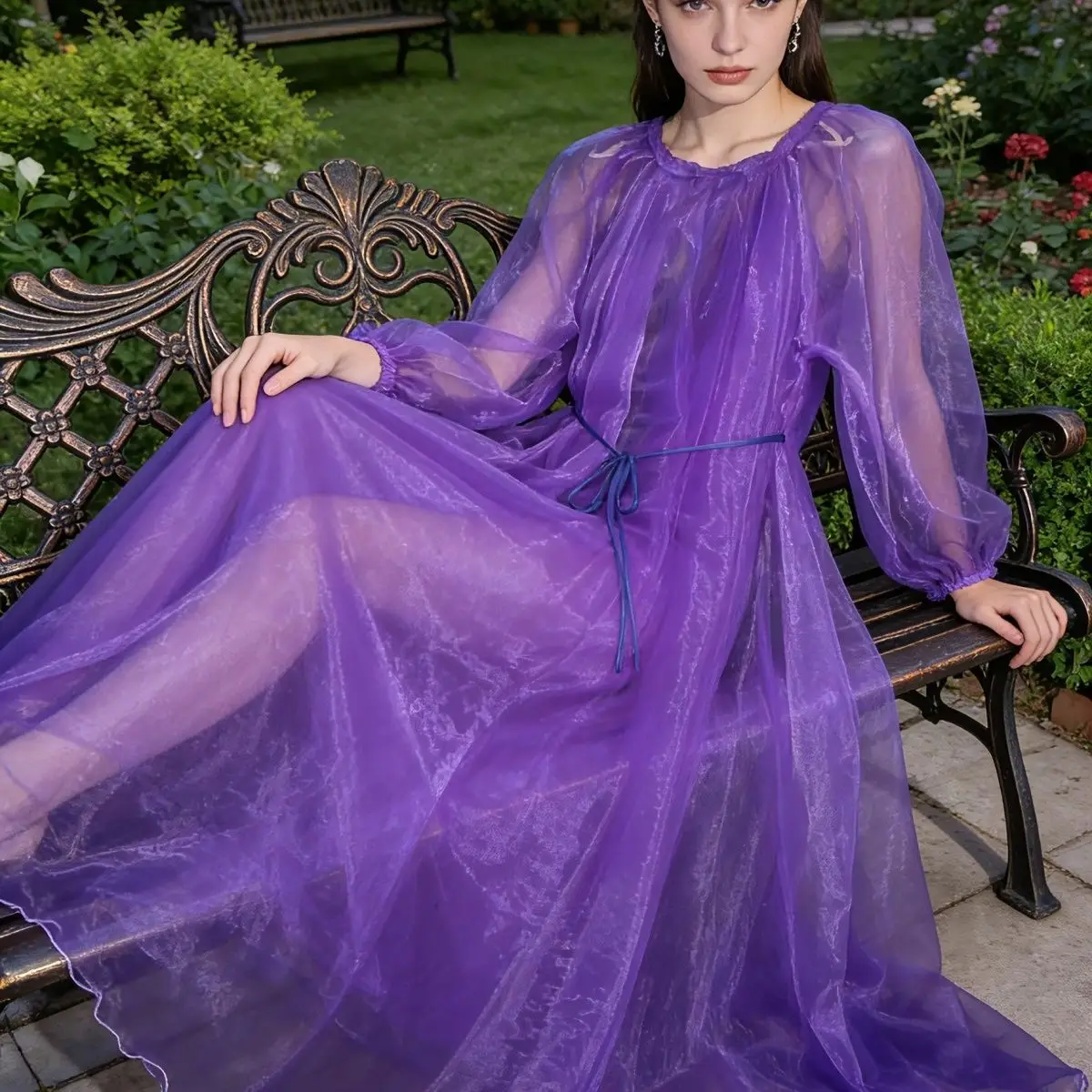 

Unisex Gauze Voile Glossy Women Satin Long Maxi Dress Pullover Elegant Dresses Sleeping Wear