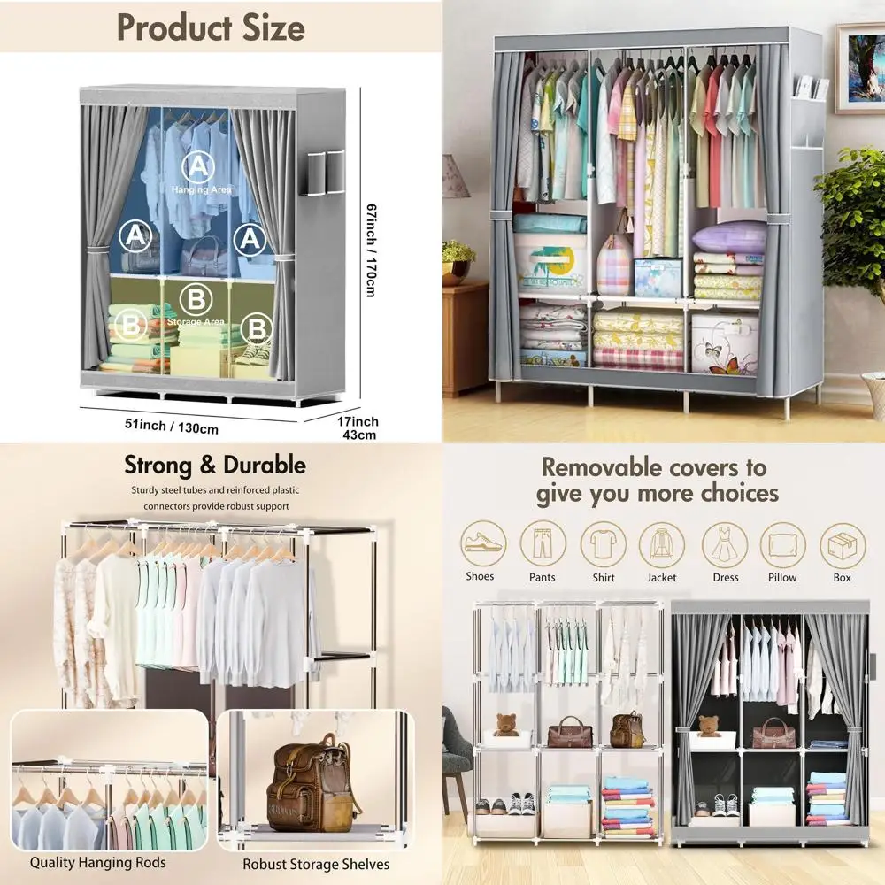 

Серый отдельно стоящий органайзер для шкафа с 3 подвесными планками, 6 полками и боковыми карманами, покрытый из нетканого материала.