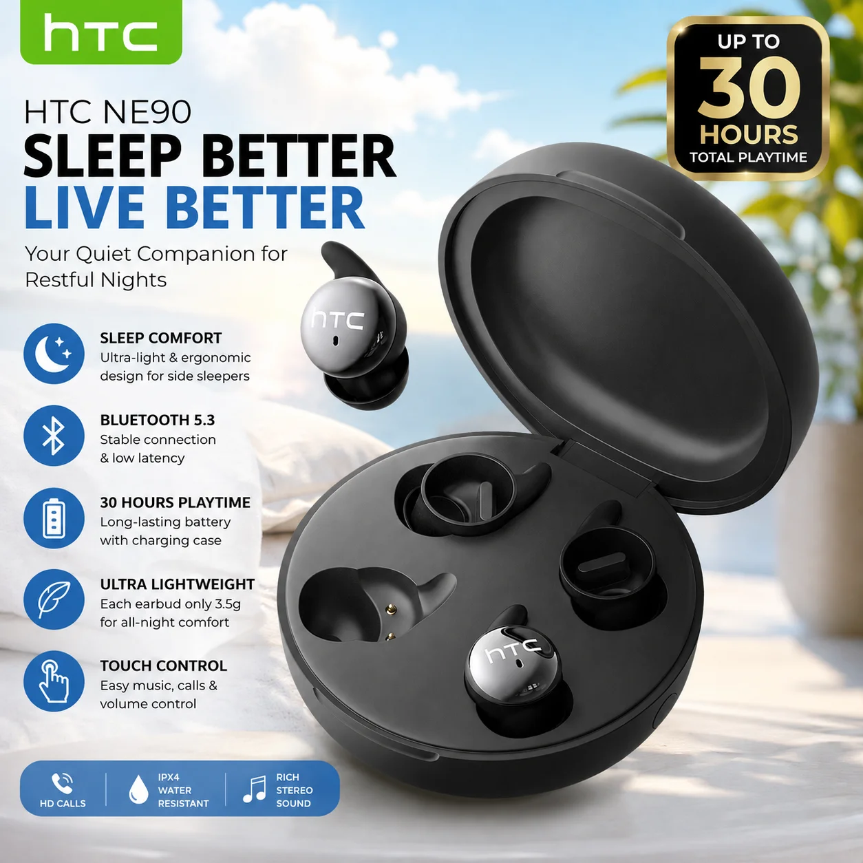 HTC NE90 TWS Sleep Bluetooth Earphones Wireless Bluetooth 5.3 Stereo Headphones Mini Sleeping Earbuds Long Battery Touch Control