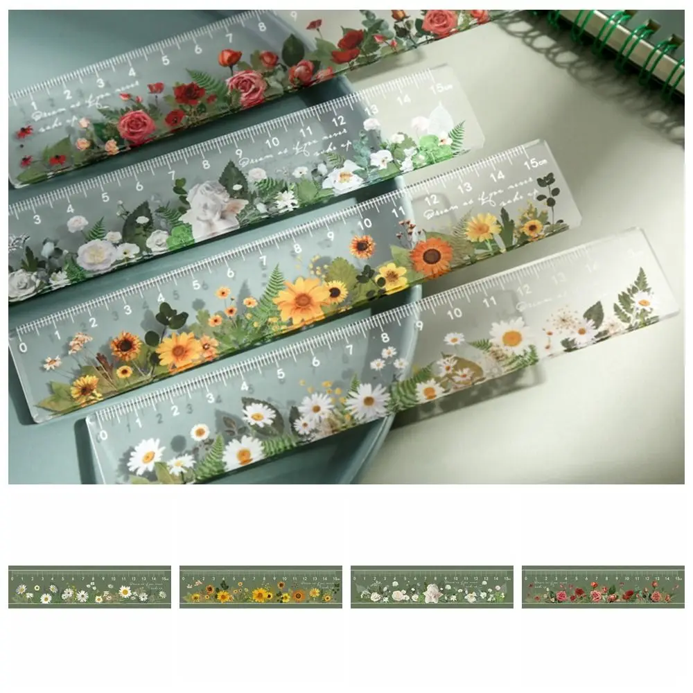 Régua Reta Acrílica para Desenho Matemático, Série Flor Criativa, Marcador Multifunções, DIY, 15cm, 1 Pc