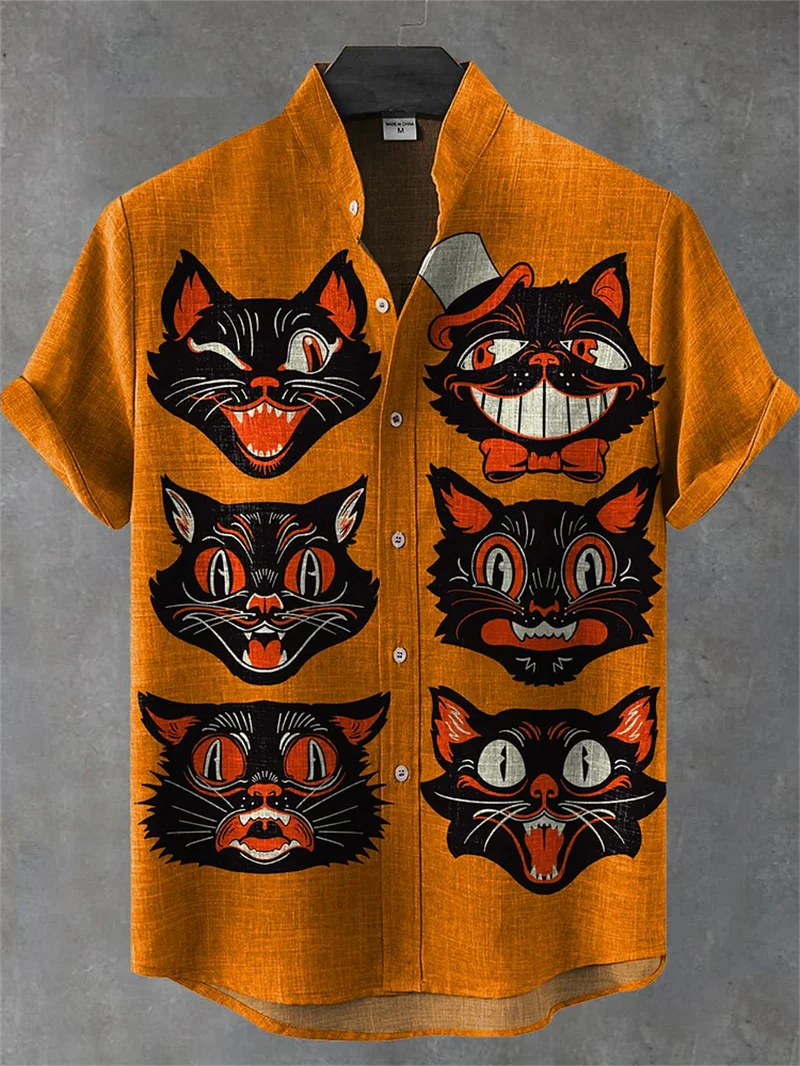 Hawaiian Summer 3D Cat Printed Men's Linen Shirt Casual Short Sleeve Shirt Loose, Vintage, Funny Men's Costume