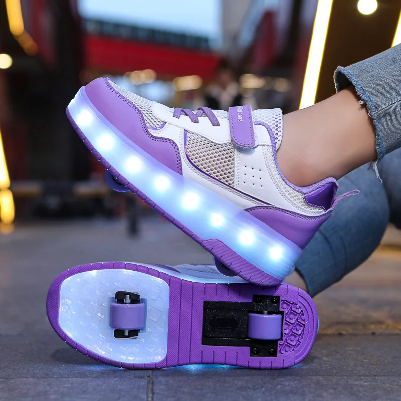 LED Children Shoes Two Wheels Kids Roller Skates Fashion Breathable Girl & Boy & Adult Flying Sneakers Sports Casual Size 28-41