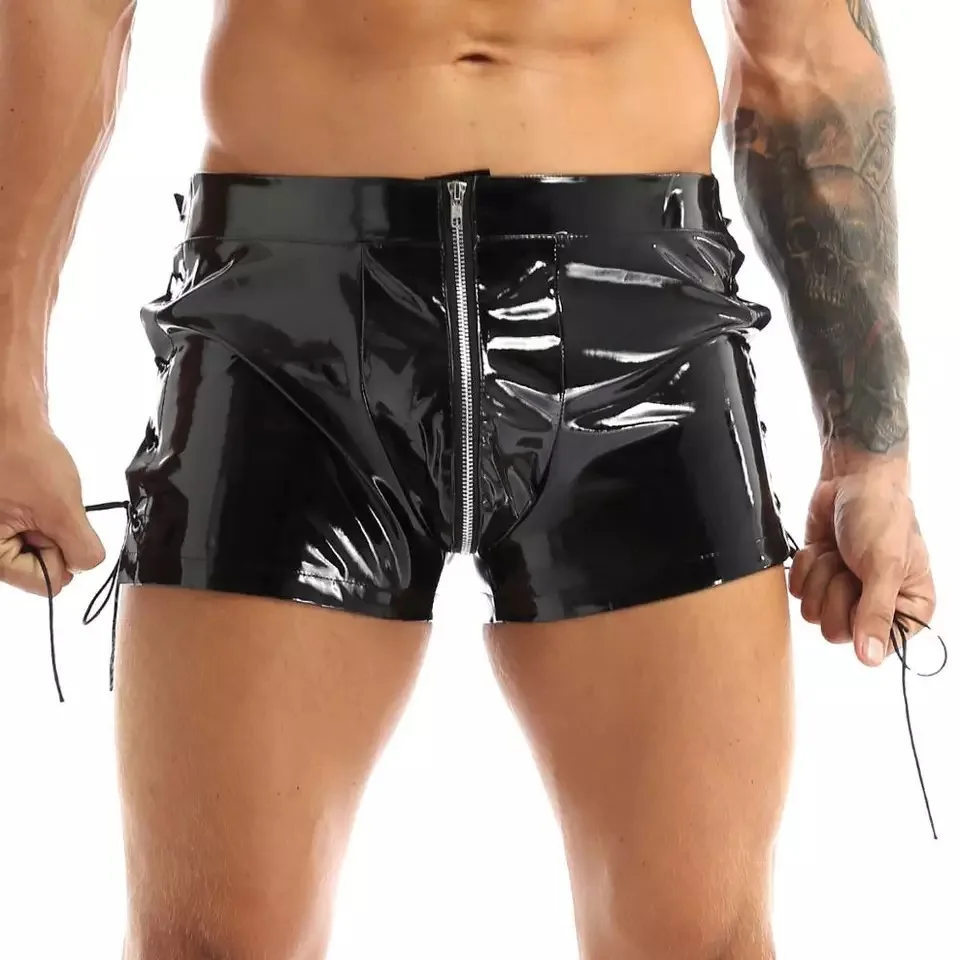 Mens Short Pants PVC Mirror Shiny Leather Boxer Shorts Sexy Zipper Open Leather Shorts for Men