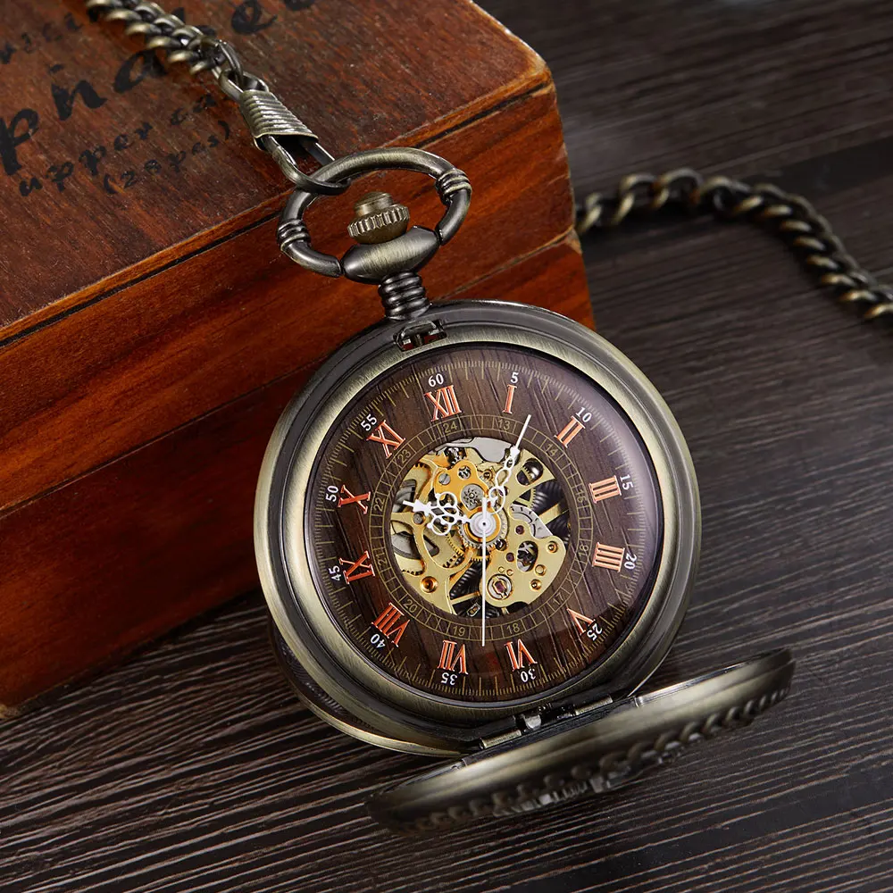 Vintage Mechanical Pocket Watch Hollow Phoenix Bird Roman Double Case Skeleton Clock Hand Winding Men Fob Chain Watches Clock