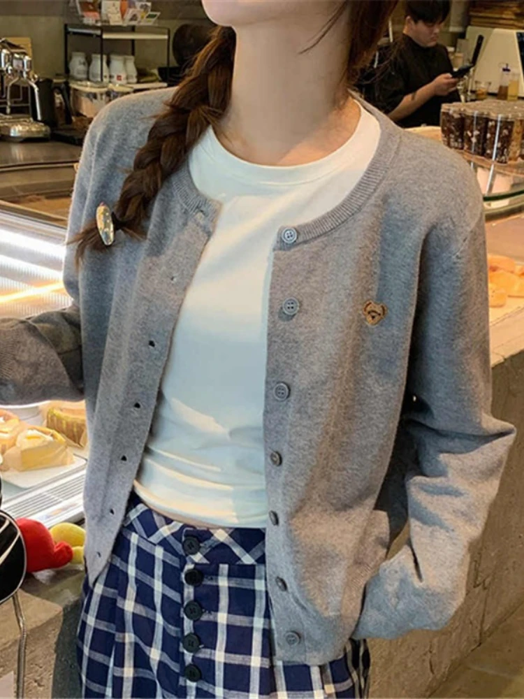 AOSSVIAO 2026 Autumn Winter Grey Knit Women Cardigan Elegant Versatile Long Sleeve Sweater Outerwear Early Fall Tops
