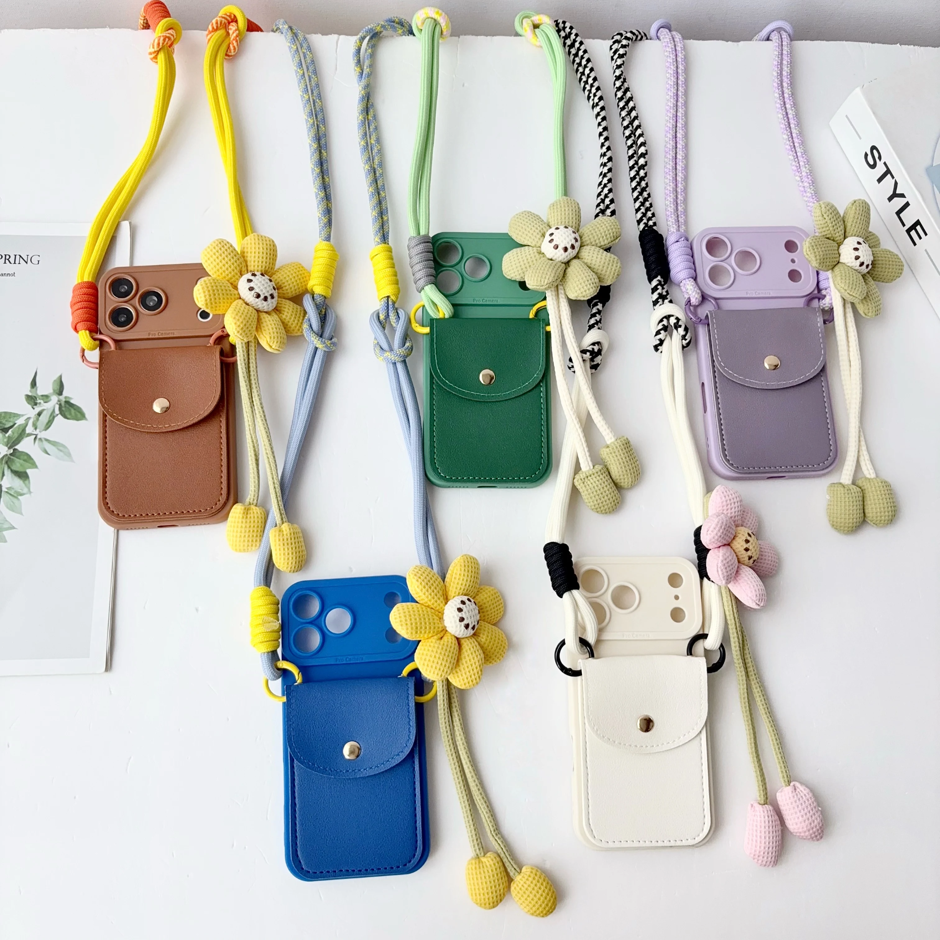 Card Bag Phone Case For iPhone 17 16 15 14 Plus 13 12 11 Pro Max Air 17ProMax 16Pro With 3D Sun flower Crossbody Lanyard Cover
