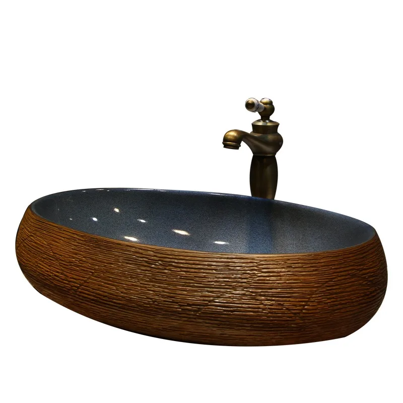 

Large oval retro countertop basin, new Chinese antique wash basin, household laundry basin, bathroom art wash basin