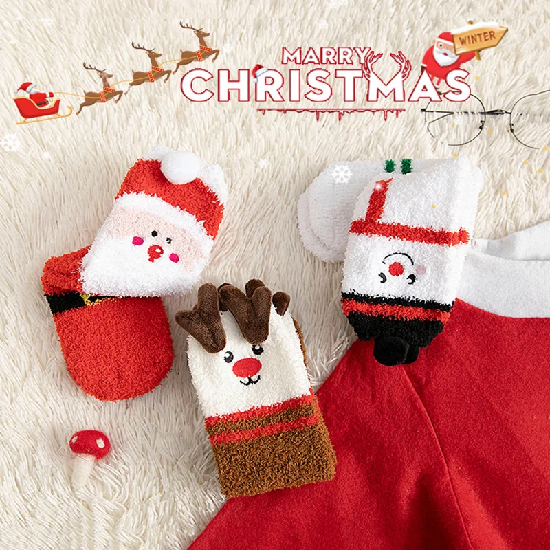 Christmas socks Autumn winter cartoon family Christmas socks gift box with coral velvet socks and velvet warm mid-tube floor soc