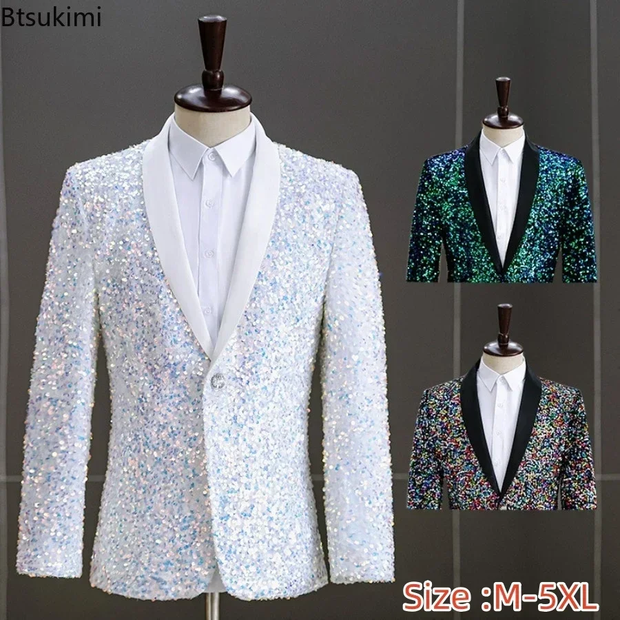 2024 Men\'s Sequins Suit Jacket White Green Stage Performance Host Wedding Party Male Blazer Single Button Fashion Man Suit Coats