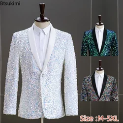 2024 Men's Sequins Suit Jacket White Green Stage Performance Host Wedding Party Male Blazer Single Button Fashion Man Suit Coats