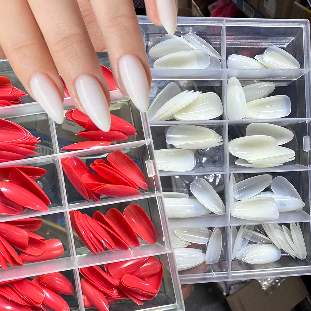 120pcs/box Pure Color Almond False nails Red Creamy White Wearable Artificial Fake Nail Tips Medium Full Cover Press On-Nails#%R
