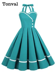 Tonval Sweetheart Neck Button Front 50s Pinup Women Vintage Pleated Dress Contrast Tape Backless Elegant Party Cotton Dresses