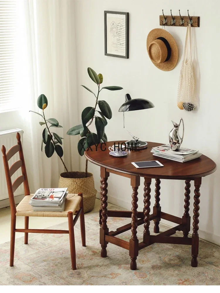 

Antique Folding Solid Wood Dining Table American Retro Oval round Table Coffee Shop Furniture