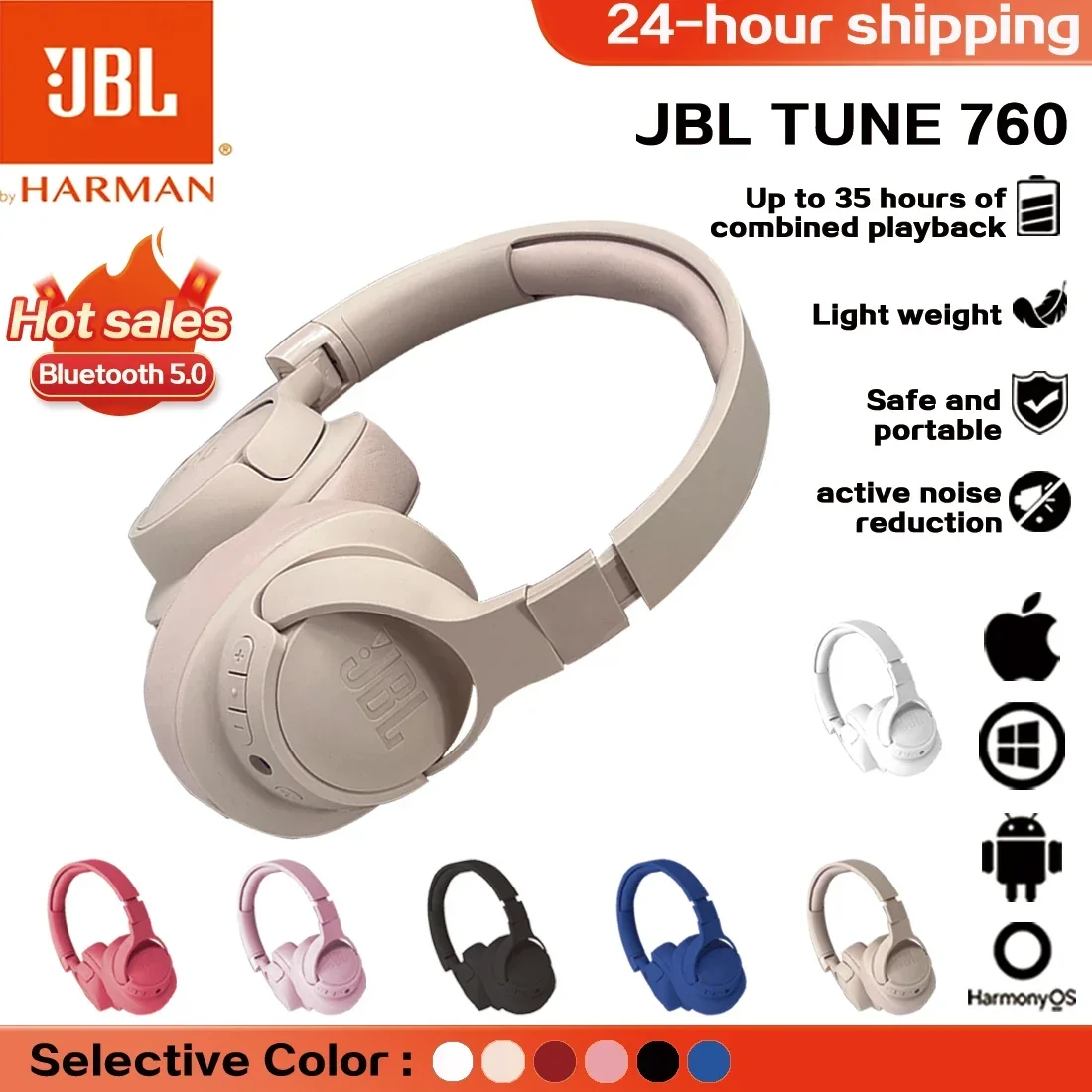 JBL Tune 760NC auriculares inalámbricos plegables, cascos deportivos con cancelación activa de ruido, originales