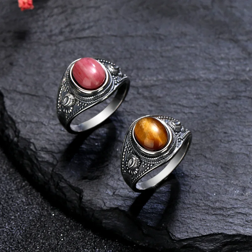 Anillo Vintage de Plata de Ley 925 para hombre y mujer, sortija ovalada de 8x10MM con piedra de ojo de tigre Natural, joyería de Rodocrosita de lujo
