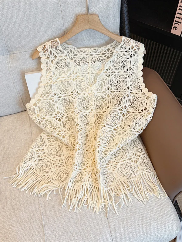 Lace Hollow out V-Neck Women's Vest Spring New plus Size Tassel Bottom up Top Comfortable Fit Casual Style Fashion Design